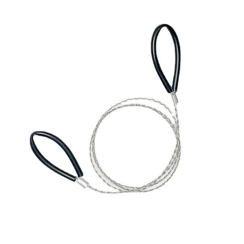 Outdoor survival wire saw with a stainless steel wire coil presented next to a small black leather carry case.