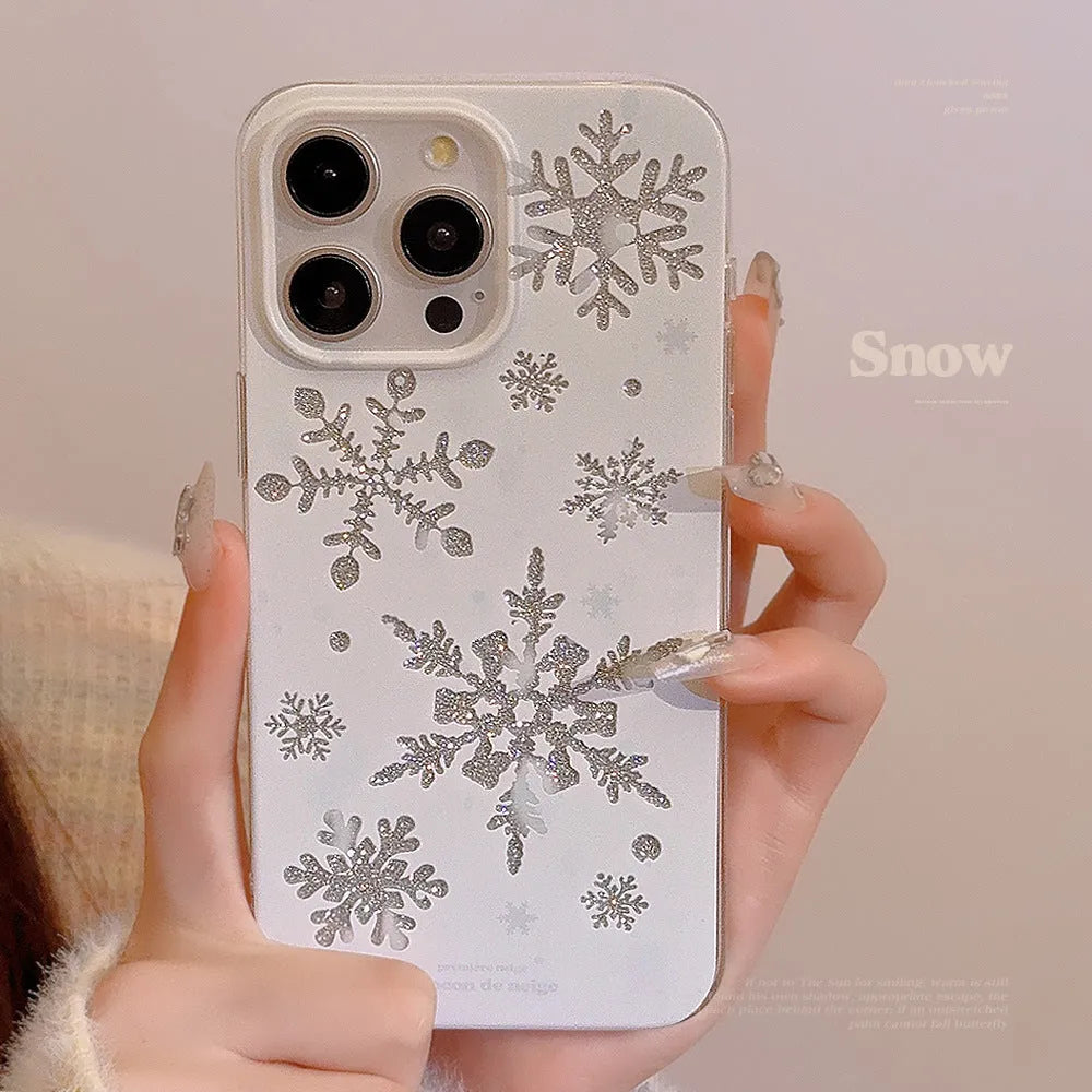 Apple iPhone TPU soft shell phone case in Glitter winter floating cream with painted autumn winter design