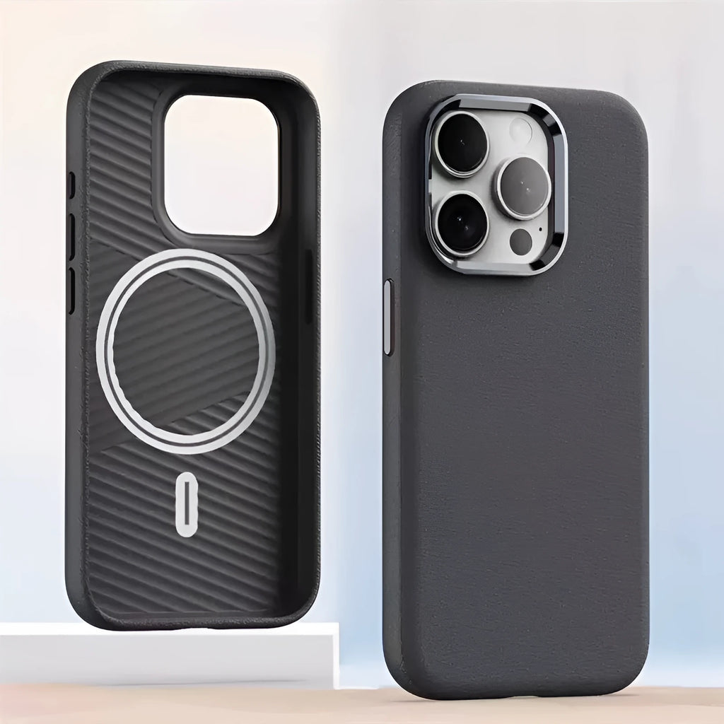 Plain leather magnetic phone case for iPhone, black, with magnetic charging support