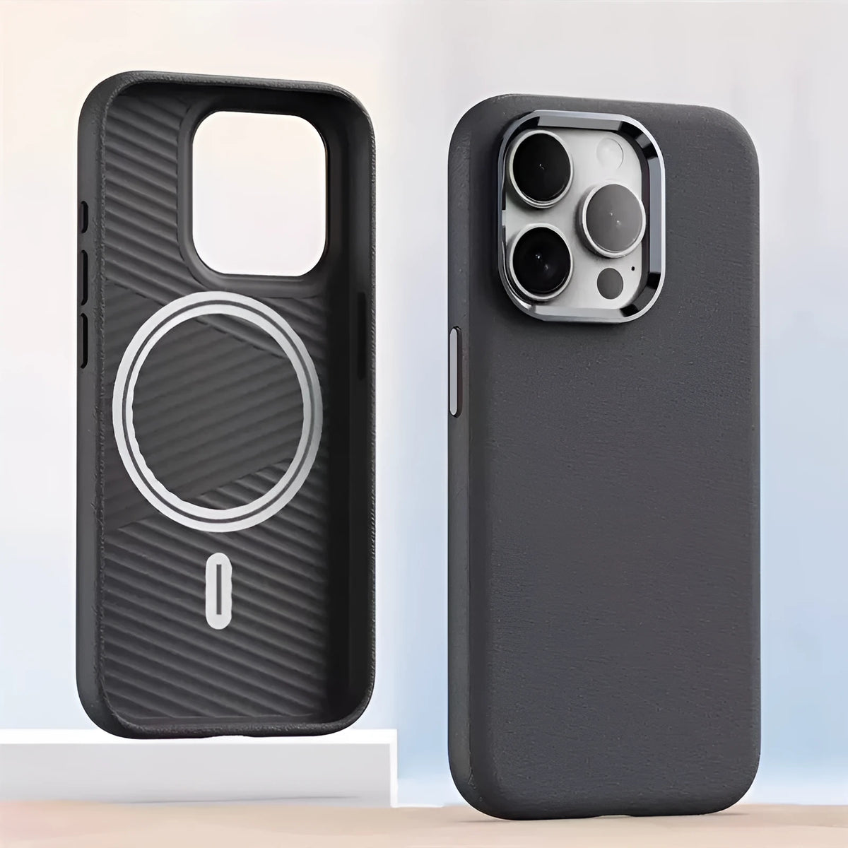 Plain leather magnetic phone case for iPhone, black, with magnetic charging support