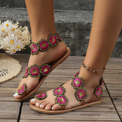 Women's ethnic style flowers flat sandals with fish mouth toe and floral design