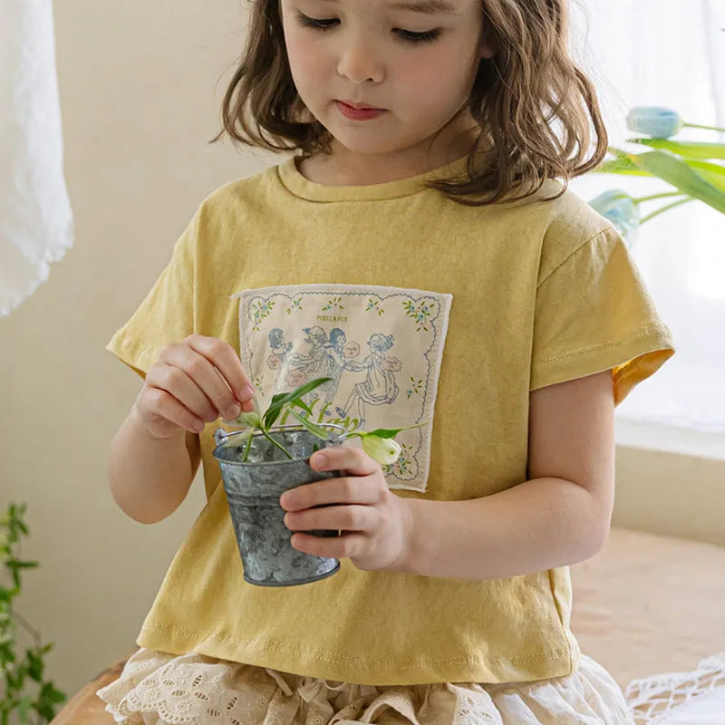 Girls retro pure colour cotton T-shirt with flower patches in pink, suitable for height 90-150cm