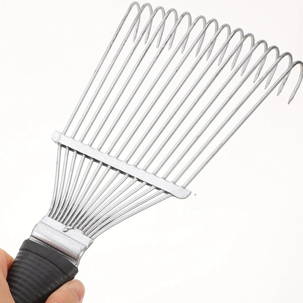 Black stainless steel pet grooming rake comb for dog undercoat and horse hair removal.