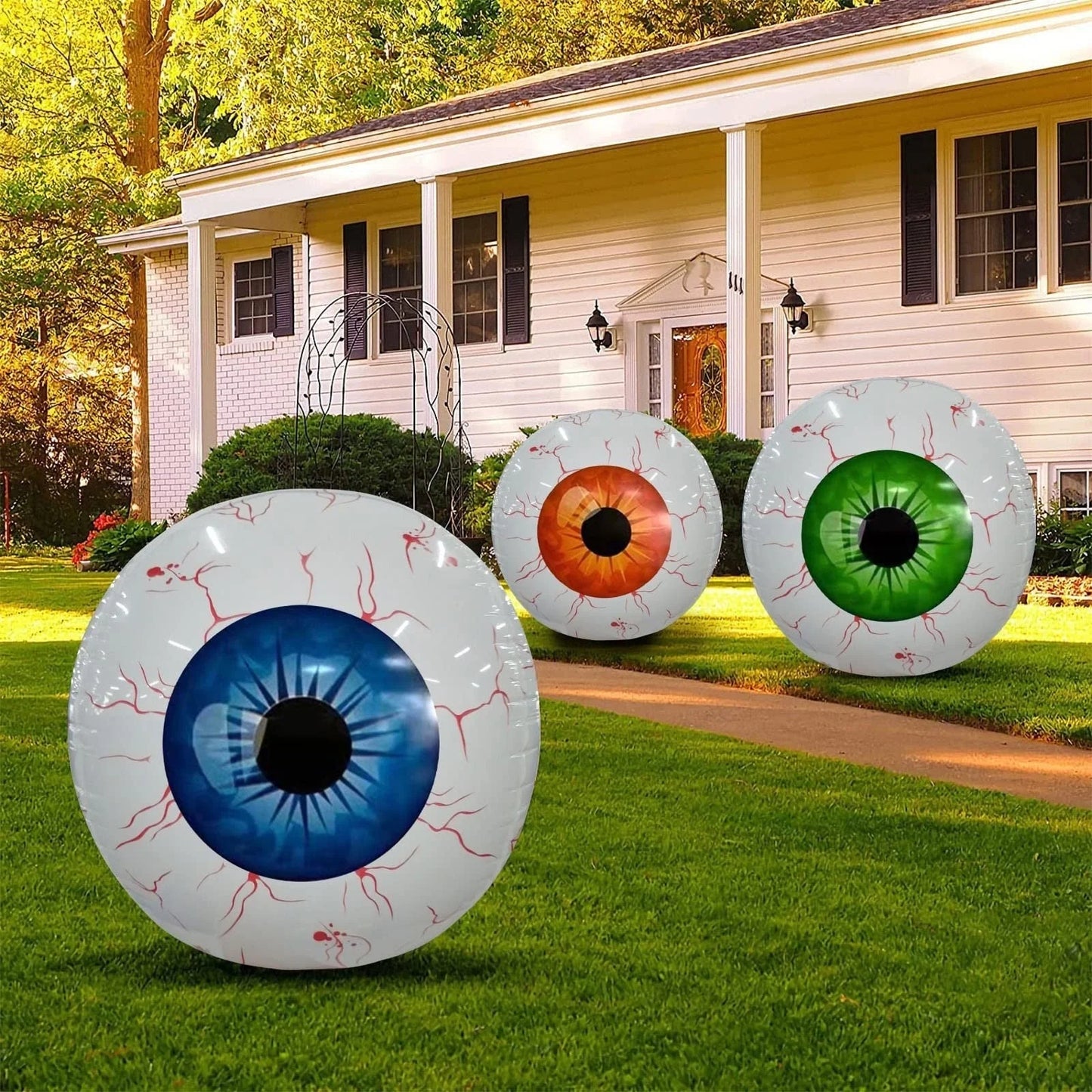 Halloween Eyeball Balloon with bloodshot design in green, blue, and red