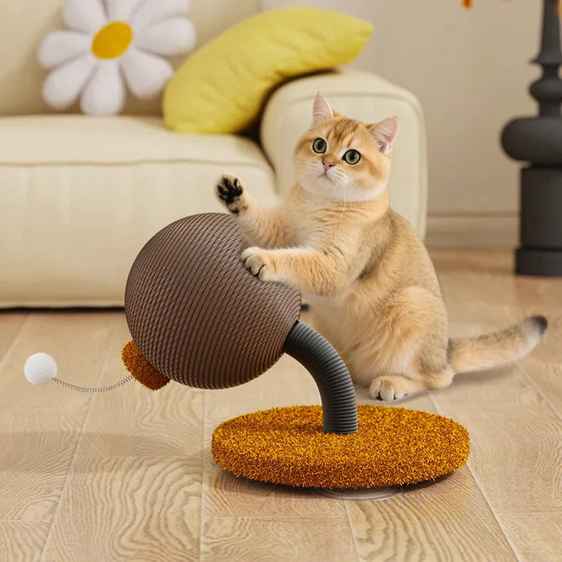 Hemp rope cat scratching board with integrated tumbling ball in large and small sizes.