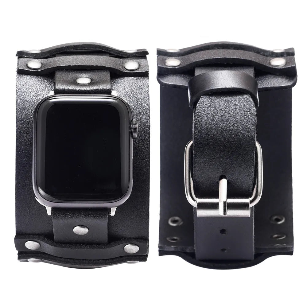 Genuine cowhide watch strap punk style black leather band for 38/40mm watches