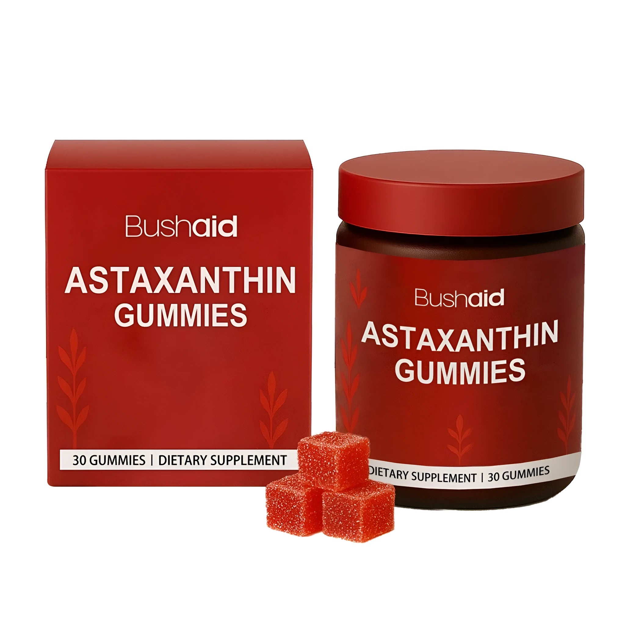 Bottle of 30 astaxanthin supplement gummies with vitamin C and zinc, showing soft candy format.