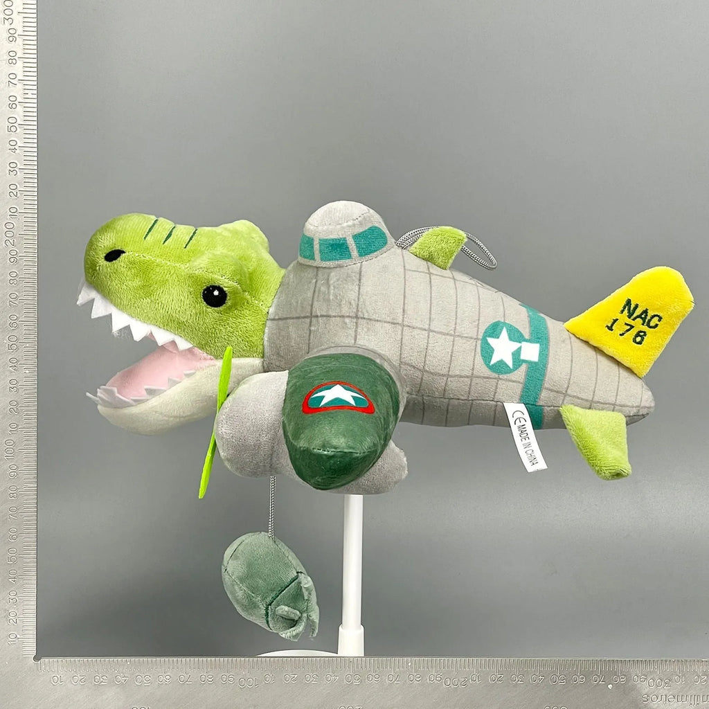 Assorted shark figurine hybrid plush toys including crocodile bomber and fish head orangutan designs.