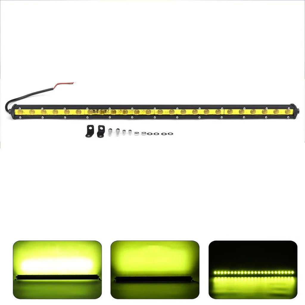25-inch single row aluminium LED light bar with cool white lights and mounting brackets.