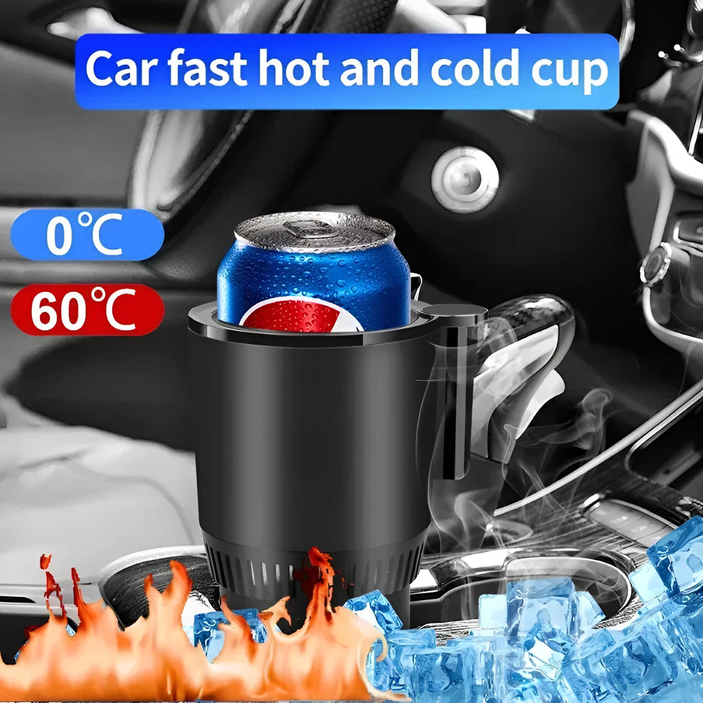 Black 2-in-1 car cup heater and cooler with digital display inserted in a vehicle cup holder.
