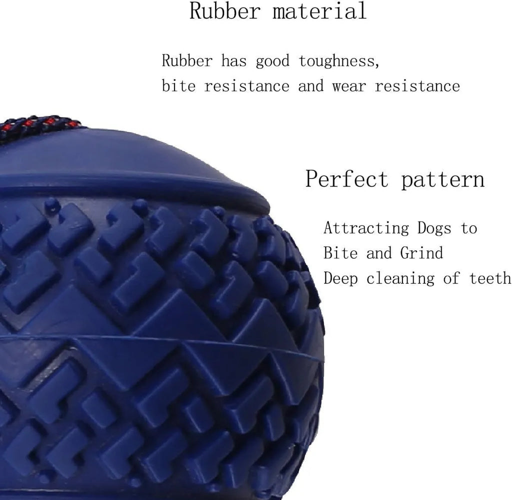 Blue dog ball with rope toy showing textured rubber ball and rope handle