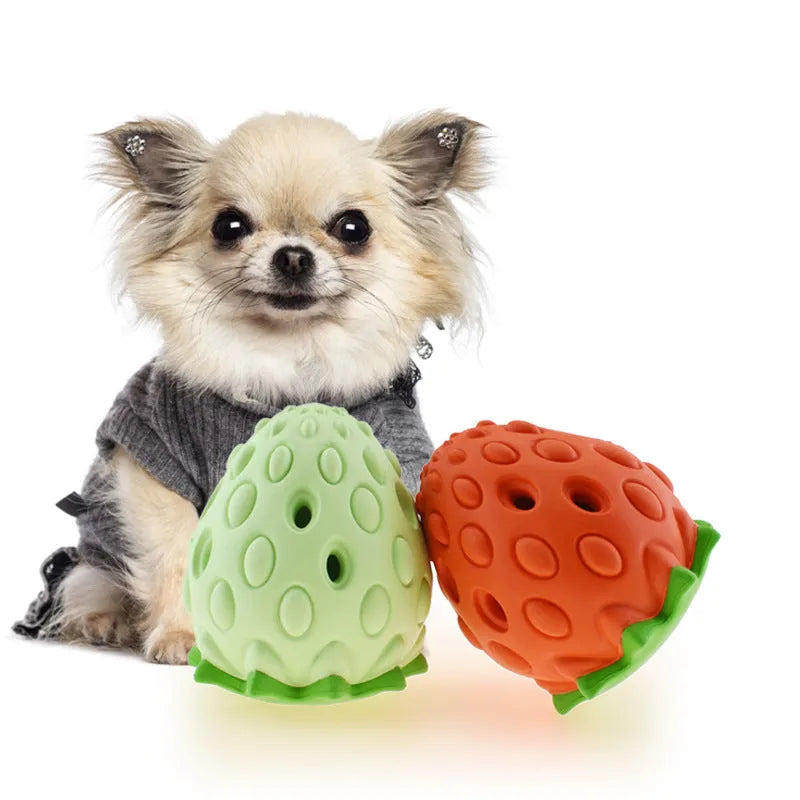 Chew resistant rubber strawberry leak food ball for dogs and cats in red and green