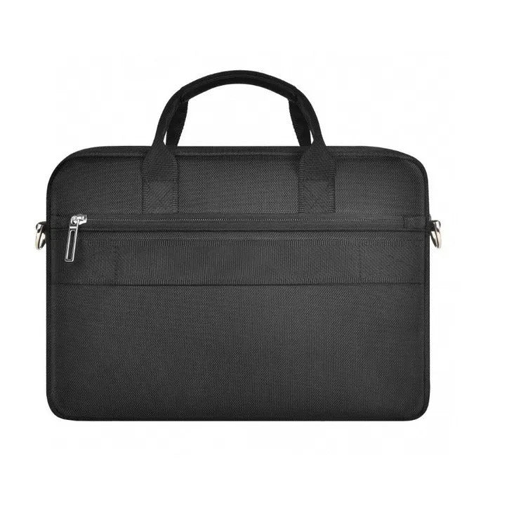 Black Oxford cloth laptop backpack showing multi-pocket design and separate padded computer compartment.