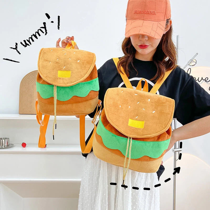 Hamburger-shaped plush backpack for girls with adjustable drawstring