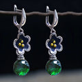Handmade silver ethnic style long drop earrings with micro inlay geometric petal design on alloy base