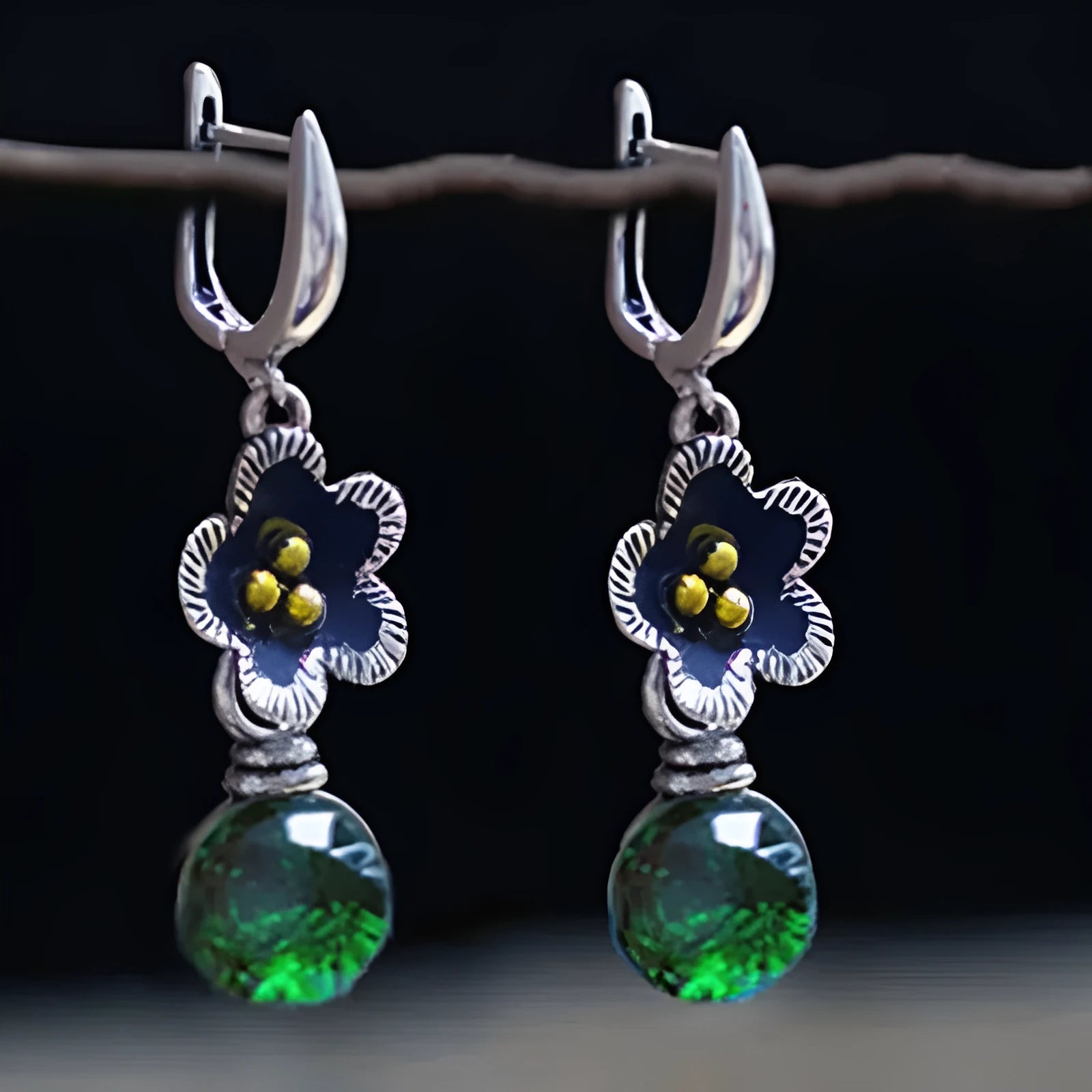 Handmade silver ethnic style long drop earrings with micro inlay geometric petal design on alloy base