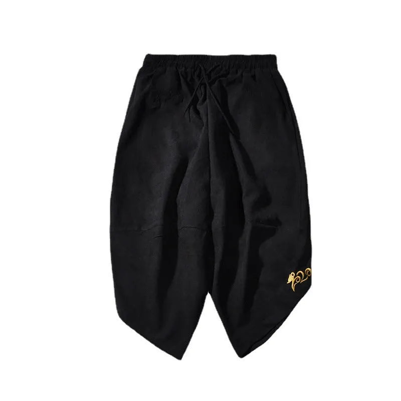 Casual ice silk harem pants in black, loose fit cropped length polyester fibre summer trousers for women