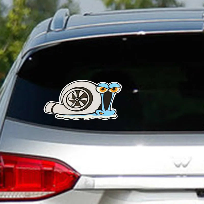 White cartoon snail design reflective vinyl car sticker on a clear background.
