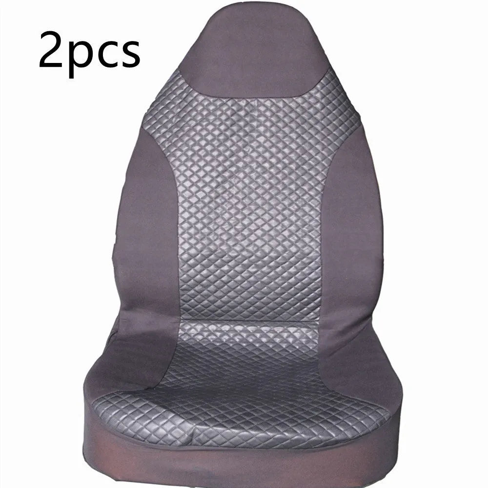 Black quilted car seat cover made of PU and polyester fabric with sponge padding.