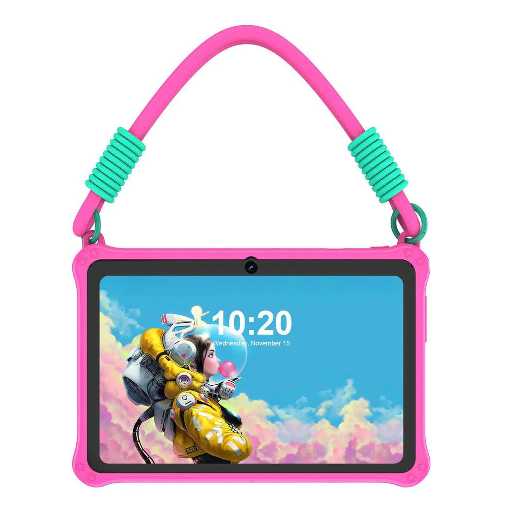 Sapphire blue silicone protective case for a 7-inch children's device with a flat strap, shown with included screen film and cable.
