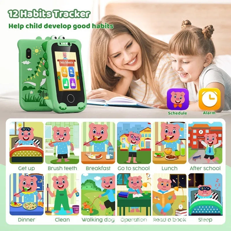 Blue educational touchscreen toy phone for children with camera, video, and game functions