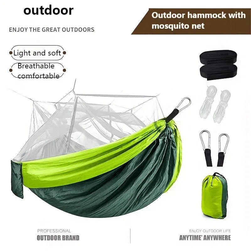 Camping hammock portable double with mosquito net for two people outdoor hiking travel blue green orange pink
