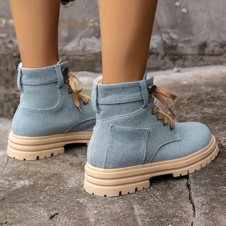 Women's lace-up denim ankle boots with platform thick heel, round toe, in grey colour