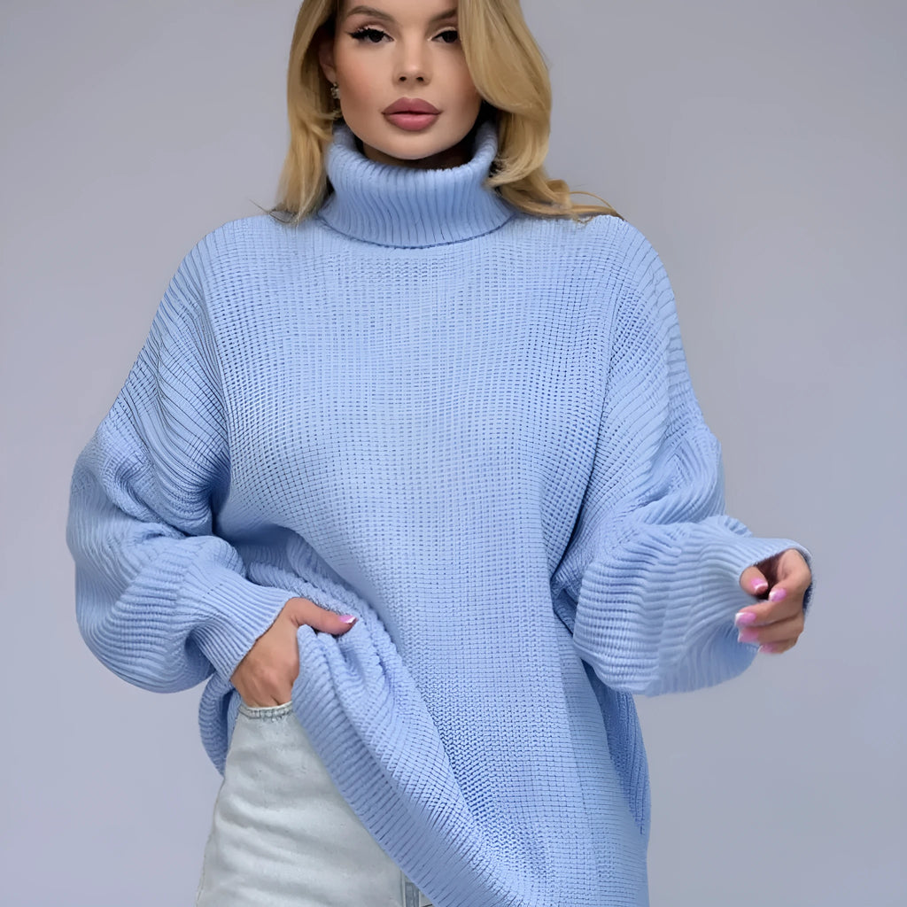 Women's solid colour high neck pullover sweater in imitation cashmere fabric on a hanger