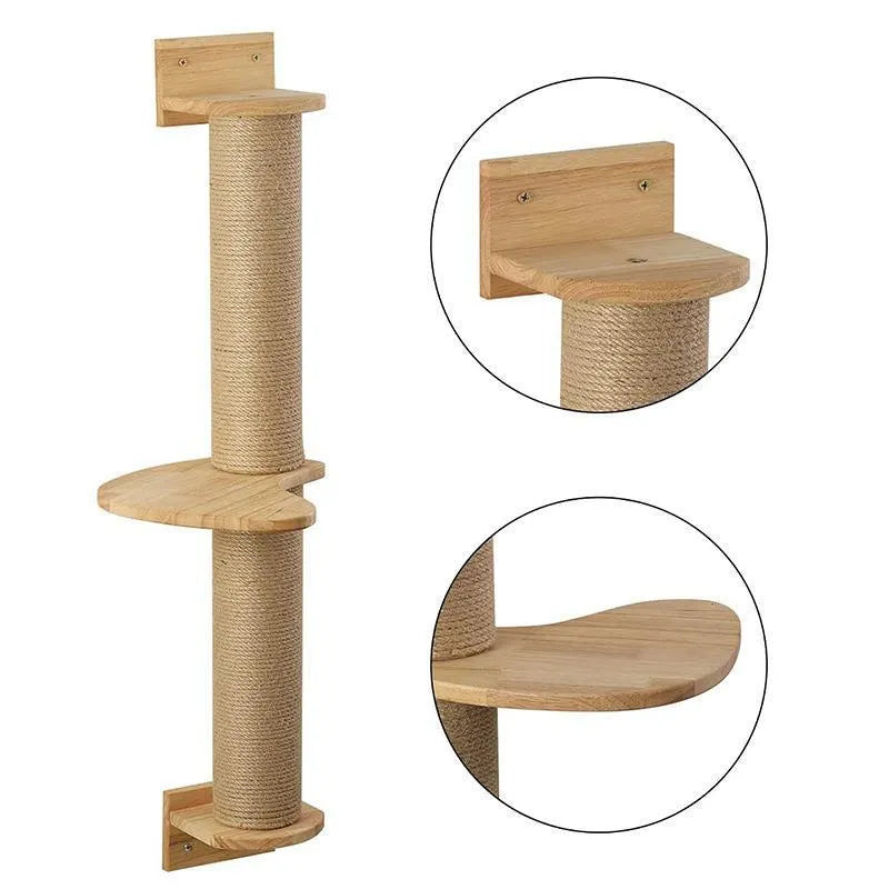 Wood-coloured cat climbing frame with wall platforms and flax cordage scratching surfaces