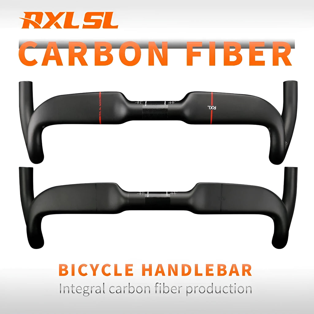 Carbon fibre road bicycle handlebar showing red double-line graphic on a black background.