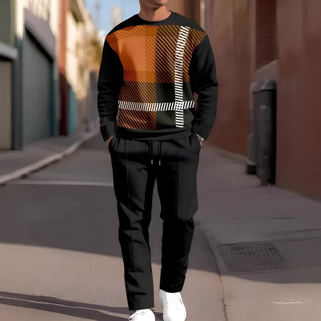 Men's casual sporty round neck sweatshirt and pants two-piece set in polyester blend, no hood, spring autumn wear