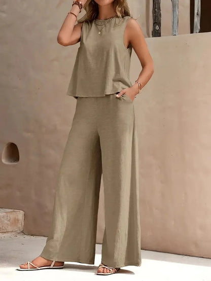 Women's solid colour casual loose pants set with sleeveless top in various colours