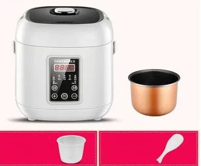 Miniature automatic rice cooker with 2L capacity and mechanical controls in round white design