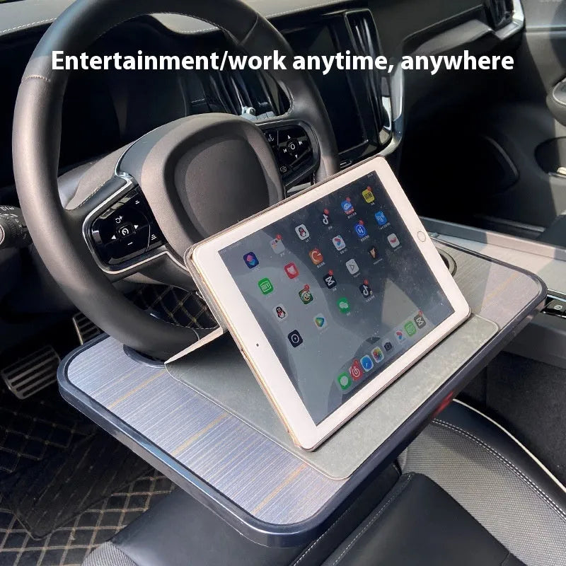 Car steering wheel laptop stand with table tray and foldable cup holder in matte black finish