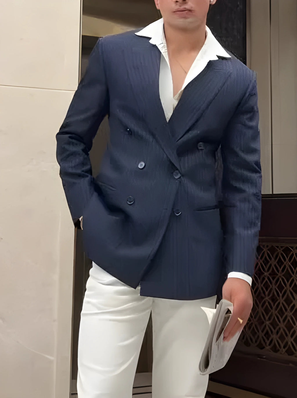 Men's classic stripe double-breasted blazer with regular fit on mannequin