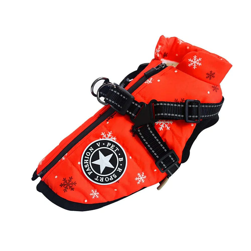 Red cotton chest back integrated vest on dog, sizes S-2XL, waterproof washable pet winter clothing