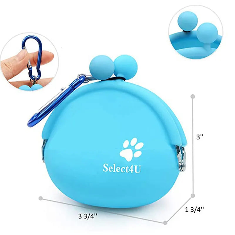 Yellow silicone dog treat bag with waist clip, shown open to reveal storage pocket.