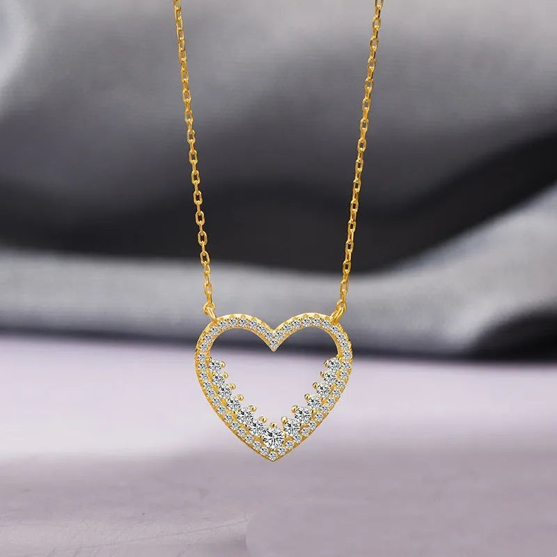 S925 sterling silver micro-inlaid heart necklace on cross chain in gold colour
