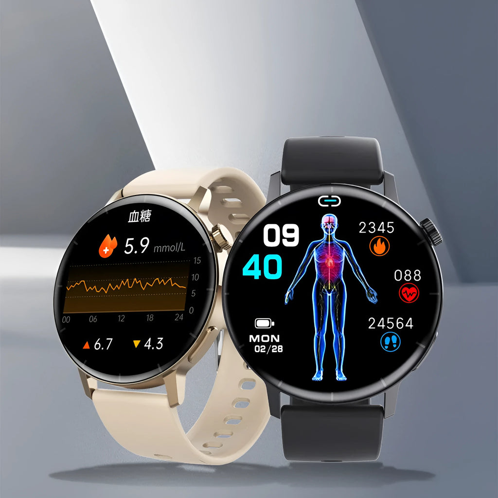 F67S smart watch displaying health metrics on IPS screen with black leather strap