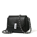 Soft black PU women's chain shoulder bag with sewing thread detail and a phone pocket.