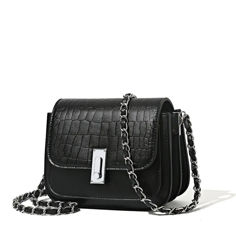 Soft black PU women's chain shoulder bag with sewing thread detail and a phone pocket.