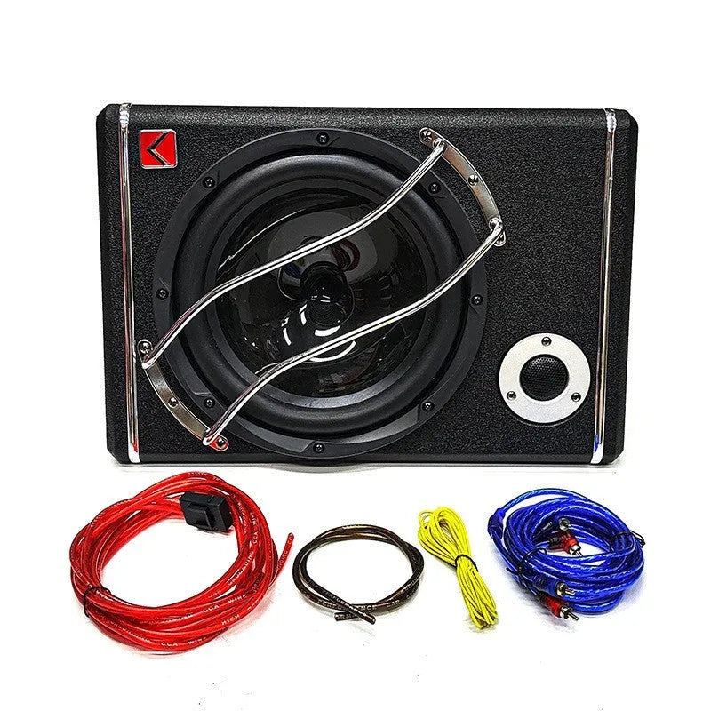 10-inch car subwoofer in MDF enclosure with PVC leather finish for 12V vehicle audio refit