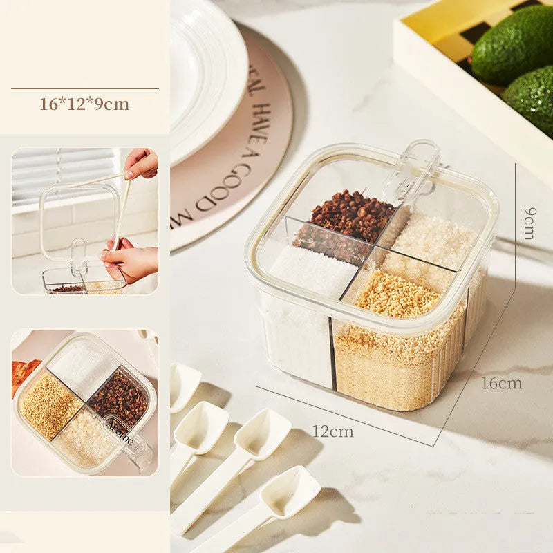 White rotating kitchen storage bucket set with a separate four-compartment spice box for cutlery and utensil organisation.