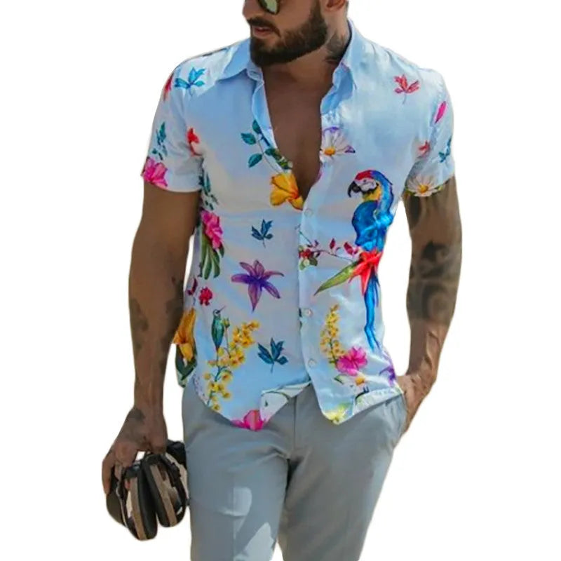 Men's blue short sleeve Hawaiian beach shirt with pointed collar