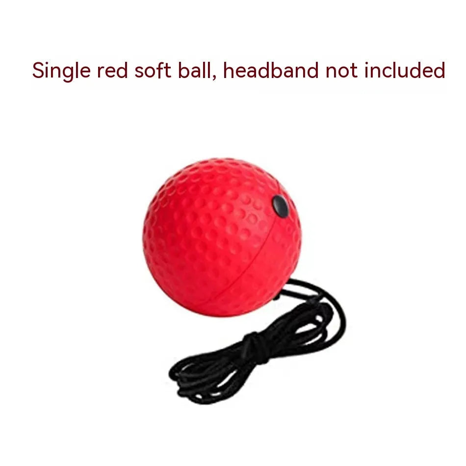 Head-mounted boxing reaction training ball set showing multiple coloured balls and two styles of adjustable headband.