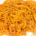 500g pack of assorted yellow rubber bands in sizes from 25mm to 70mm diameter.