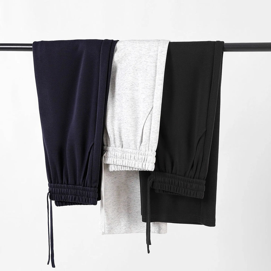 High-waisted cotton straight-leg pants in grey, loose fit, women's casual sweatpants