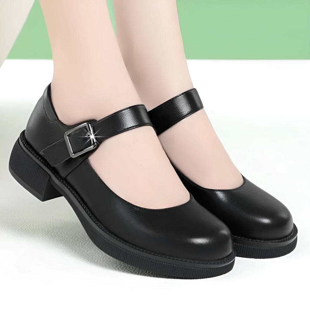 Women's round toe black cow split leather pumps with buckle strap and 3.5cm mid flat heel