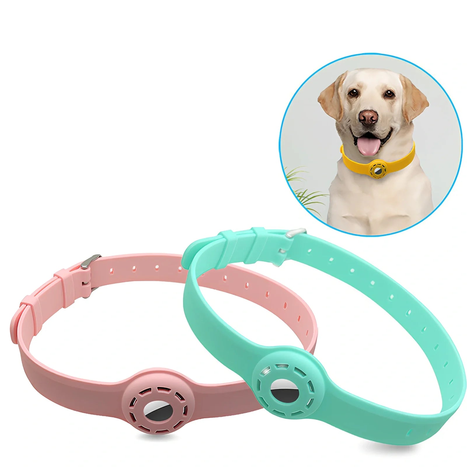 Red silicone AirTag tracker collar wrapped on pet neck, adjustable armband in solid colour for anti-lost security