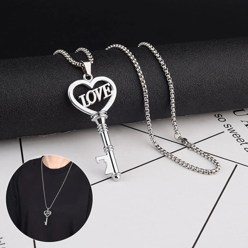 Stainless steel sweet heart key pendant choker necklace for women
